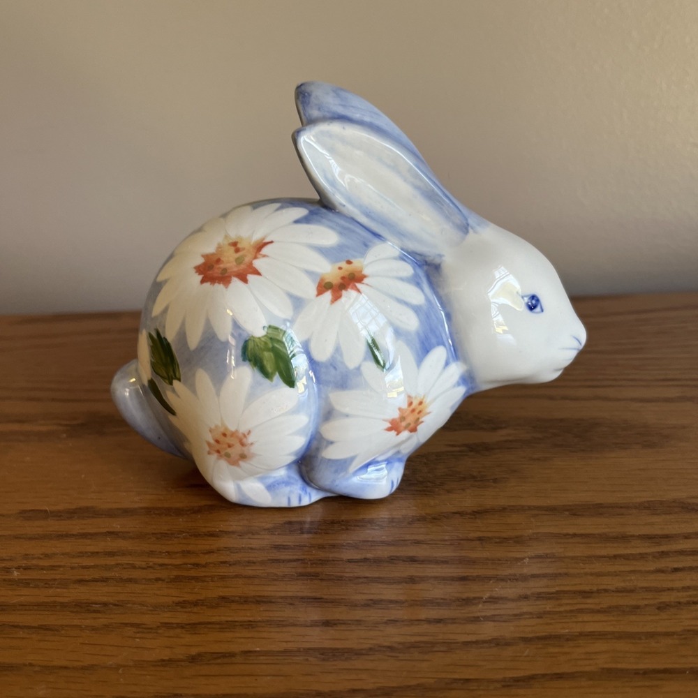 Floral Ceramic Rabbit Figurine, Andrea by Sadek, Daisy Blue and White Floral - Picture 5 of 10